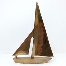 Vintage MCM Desktop 7.5&quot; Tall Solid Brass Sail Boat Paperweight Statue D... - $22.95