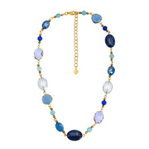 Vibrant  Mix of Linked Blue Lapis and Agate Stones on Brass Statement Necklace - £17.18 GBP