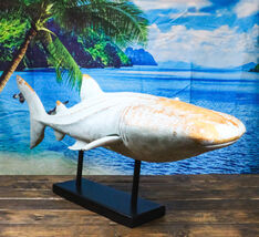 Large Nautical Marine Whale Shark Faux Wood Sculpture On Black Stand 37"... - $234.99