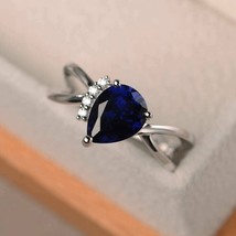 2.50Ct Pear Cut Lab-Created Blue Sapphire Engagement Ring 14K White Gold Plated - £78.17 GBP