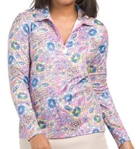 Nwt Stella Parker Bright Pink Blue Botanical Long Sleeve Polo Golf Shirt M &amp; L - £31.45 GBP