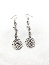 Barb Wire Twist and Rose Flower Double Dangling Charms 2 1/2&quot; Long Pair Earrings - £7.80 GBP