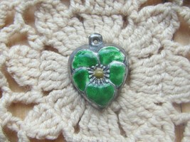 Vintage Sterling silver enameled puffy heart charm-PEACOCK GREEN pansy - £19.81 GBP