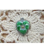 Vintage Sterling silver enameled puffy heart charm-PEACOCK GREEN pansy - $25.00