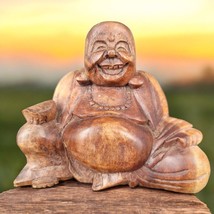 Tanami Sitting Happy Laughing Buddha Statue Figurine Brown Wooden Hand C... - £14.68 GBP