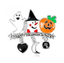 Halloween Pin Brooch Ghost Jack O Lantern Moon Rhinestone Dangles Orange Black - £7.50 GBP