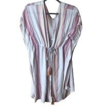 Boho Bathing Suit Cover Up Top Sz S Hippie Drawstring Tassel Pastel Meta... - $8.44