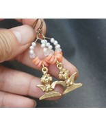 Coral, Moonstone and FW Pearl Earrings with Poodle Charm GF 925 - $7.99