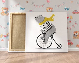 Cute Bear Canvas Print Nursery Decor Kids Room Wall Art Watercolor Bear on Bicyc - £46.20 GBP