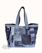 Oversized Patchwork Denim Tote Bag: Upcycled Jeans Travel Beach Bag - $190.00