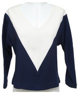 CHLOE Blue Shirt Knit Top Navy Off White V-neck Long Sleeve Cotton Sz S - £70.99 GBP