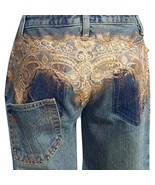 Cache Gold Metallic Lace Airbrush Jewels Jean Pant Stretch Gaucho Crop N... - $270.80 CAD