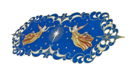 45”L Embroidered Gold Trumpet Angels Royal Blue Dresser Scarf Table Runner - $47.99
