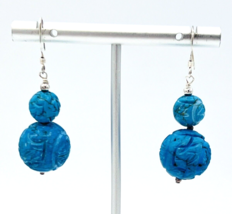 Vintage Sterling Silver Chinese Carved Turquoise Blue Cinnabar Dangle Earrings - £43.61 GBP