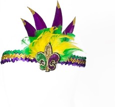 Mardi Gras Feather Headband Sequin Fleur De Lis Elastic Carnival Headdress Hair  - £17.67 GBP