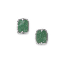 Sterling Silver Rectangle Rough Cut Green Aventurine Stud Earrings - £31.42 GBP