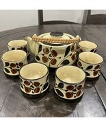 Japanese Style Teapot Bamboo Handle 6 Sake Cup Set Floral brown Stoneware - $69.36 CAD