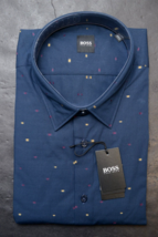 HUGO BOSS Uomo Ronni Blu Scuro Cotone Business Camicia Casual Grande &amp; Alto 3XL - £46.99 GBP