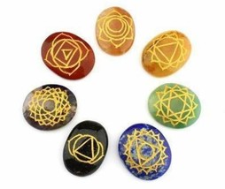 7 Seven Chakra Engraved Palm Stone Healing Reiki Crystals Set Hand Carved Energy - $27.09