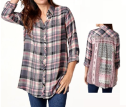Tolani Collection Button Front Tunic w/ Printed Back- Pink / Slate, Petite Large - £22.90 GBP