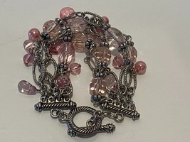 Fashion Jewelry Bracelet Silver &amp; Pink Stones 3 Layer New - £5.14 GBP