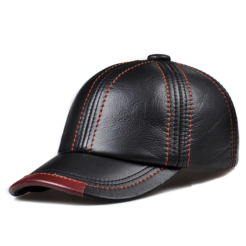 Baseball cap men women black cowhide hat snapback adjustable autumn winter real leather thumb200