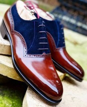 Maroon Blue Two Tone Genuine Leather Burnished Pointed Toe Oxford Lace Up Shoes - £120.91 GBP+