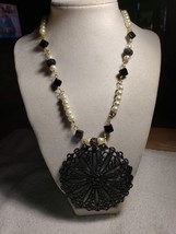 16 Inch Hand Beaded Black And White Necklace With Three Inch Black Lace Pendant - £22.04 GBP