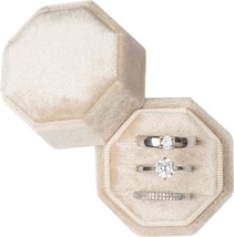 Equal Octagon Velvet Ring Box Storage 3 Slots For Wedding Ceremony, Beige - £20.77 GBP