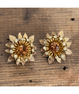 Vintage 50s Miriam Haskell Amber Rhinestone Gold Leaf Clip On Earrings S... - $224.76 CAD