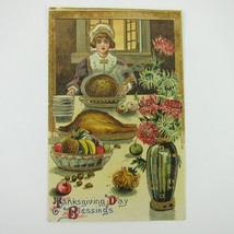 Thanksgiving Postcard Girl Maid Serves Meal Pink Flowers Gold Embossed Antique - £7.98 GBP