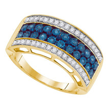 10k Yellow Gold Womens Round Blue Color Enhanced Diamond Tripe Row Strip... - £395.03 GBP