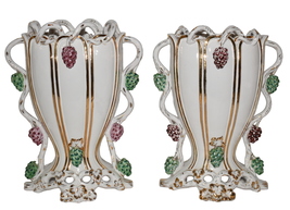 Pair Lg 1930s Ugo Zaccagnini Italian Vases Hand Decorated w Grapes &amp; Vines Motif - £511.30 GBP