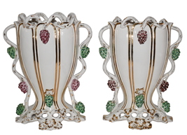 Pair Lg 1930s Ugo Zaccagnini Italian Vases Hand Decorated w Grapes &amp; Vines Motif - £485.87 GBP