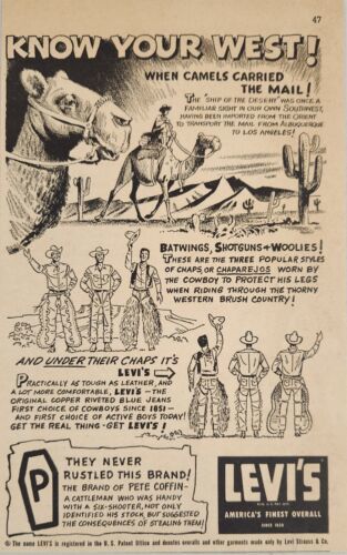 1954 Print Ad Levi's Blue Jeans Overalls Know Your West Camels Carried Mail - $17.98