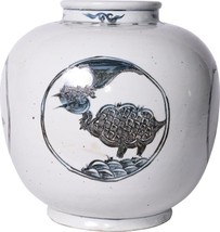 Jar Vase Crane Turtle Motif Bird Colors May Vary White Blue Variable Cer... - $306.00