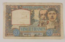 1941 France 20 Francs Note &quot;Science et Travail&quot; Fine Condition P#92b - £87.25 GBP