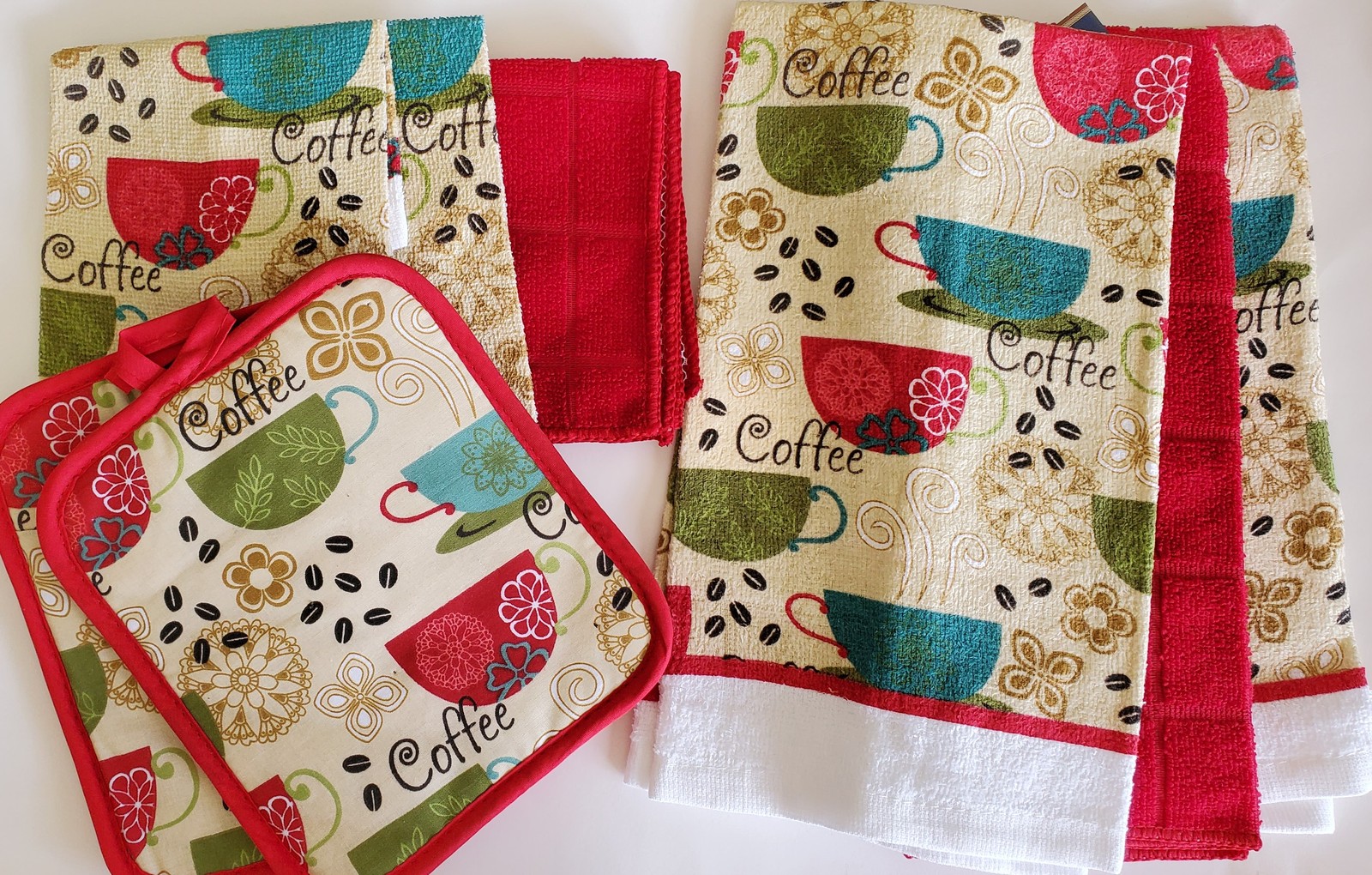 Red Coffee Kitchen Set 7pc Towels Potholders Dishcloths Colorful Cafe Cups - $16.99