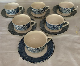 Lot Of 6 CURRIER &amp; IVES Tea Coffee Cups &amp; Saucers Blue White Carriage Steamboat - £13.97 GBP