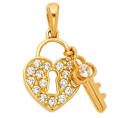 14k Yellow Gold CZ Heart Lock & Key Pendant with 0.65mm Box Link Chain Necklace - $130.62 - $163.51
