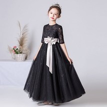 Black Tulle Sparkly Dress For Girls Half Sleeve Lace Long Flower Girl Dr... - $175.50