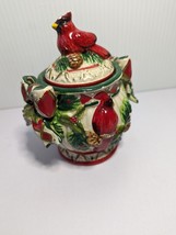 Cracker Barrel Cardinals Sugar Bowl &amp;Lid Plaid Tidings Christmas Birds Bows READ - £16.69 GBP