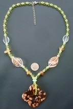 Lampwork glass necklace amber pendant peridot crystal copper swirls 22in nek009 - £4.63 GBP
