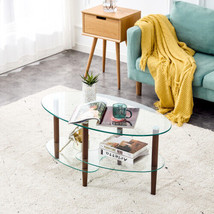 Transparent Oval Glass Coffee Table Modern Table In Living Room Oak Wood Leg Tea - £84.52 GBP