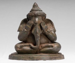 Antique Thai Style Bronze Seated &#39;See No Evil&#39; Ganesha Statue  - 24cm/10&quot; - £455.74 GBP