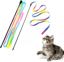 Interactive Cat Wand Toys Interactive Cat Teaser Wand String Ribbon Rain... - $10.67