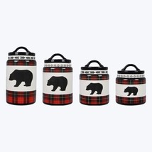 S/4 Ceramic Cabin Plaid Bear Canister Set-red, black and white - £99.47 GBP