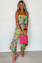 Green Mix Tropical Print Strapless Ruffled Jumpsuit - $14.92
