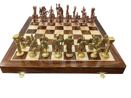 vintage travel chess set 14 inches wood board and brass chess pieces - £117.95 GBP