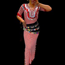 Luxury Belly Dance Costume: Red &amp; Gold Oriental Dress with Coins Belt - $169.00